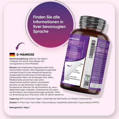 Rückseite der D-Mannose Kapseln im Fläschchen mit Anwendungshinweisen und Barcode