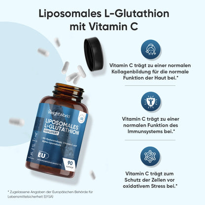 Braunes Kapselglas „Liposomales L-Glutathion“ mit Vitamin-C-Hinweisen
