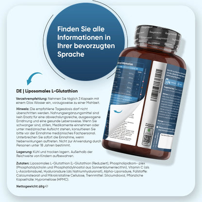 Rückseite des Kapselglases mit Inhaltsangaben und Anwendungshinweisen zu „Liposomales L-Glutathion“