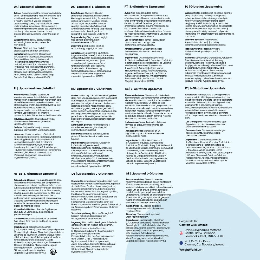 Mehrsprachige Informationsseiten zu „Liposomales L-Glutathion“ als gedruckter Text
