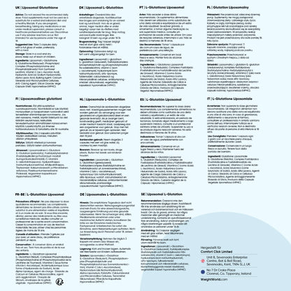 Mehrsprachige Informationsseiten zu „Liposomales L-Glutathion“ als gedruckter Text