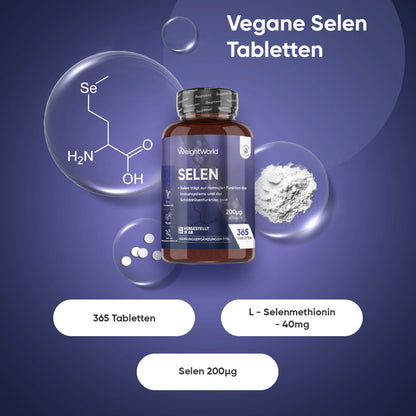 Selen-Tabletten von WeightWorld im braunen Fläschchen, 200 µg, 365 Tabletten
