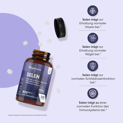 Selen-Tabletten von WeightWorld im Fläschchen, Hinweis zu Immun- und Schilddrüsenfunktion