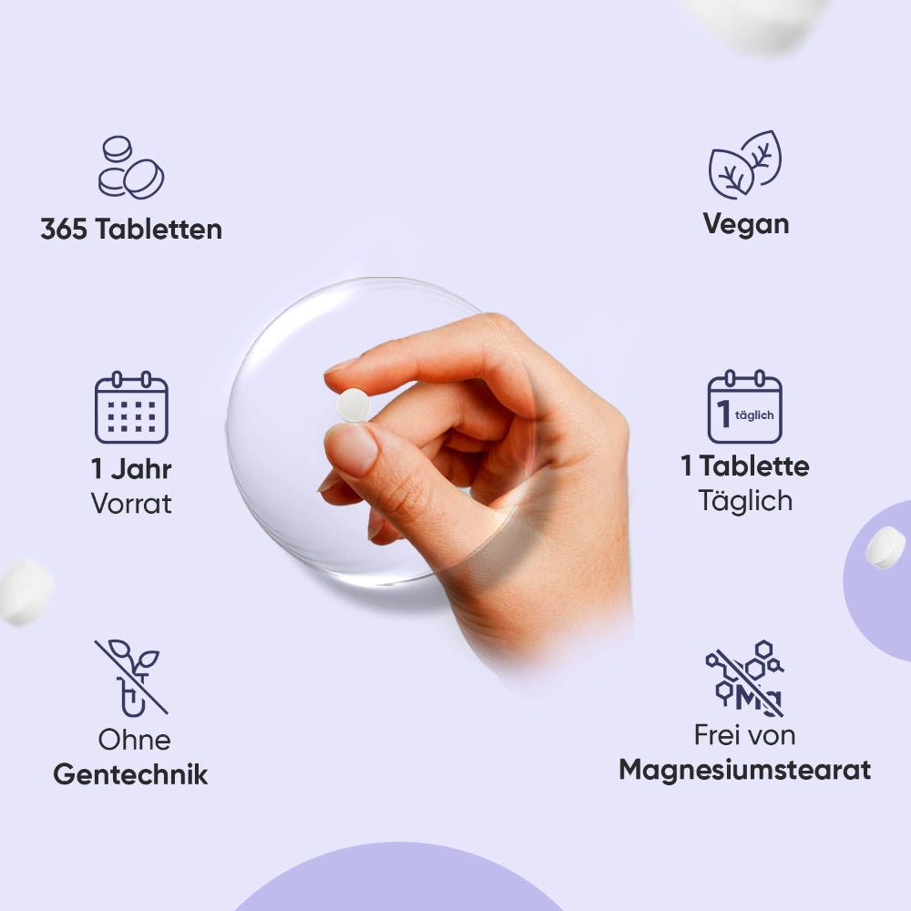 Selen-Tablette in der Hand, vegan, ohne Gentechnik, 1 Tablette täglich
