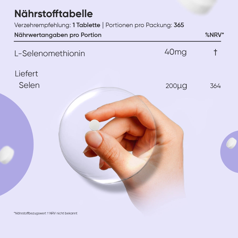Selen-Tablette mit Nährstoffangaben: L-Selenomethionin 40 mg, Selen 200 µg