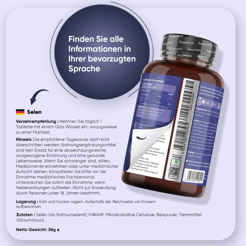 Selen-Tabletten von WeightWorld, Rückseite des Fläschchens mit Einnahmehinweisen
